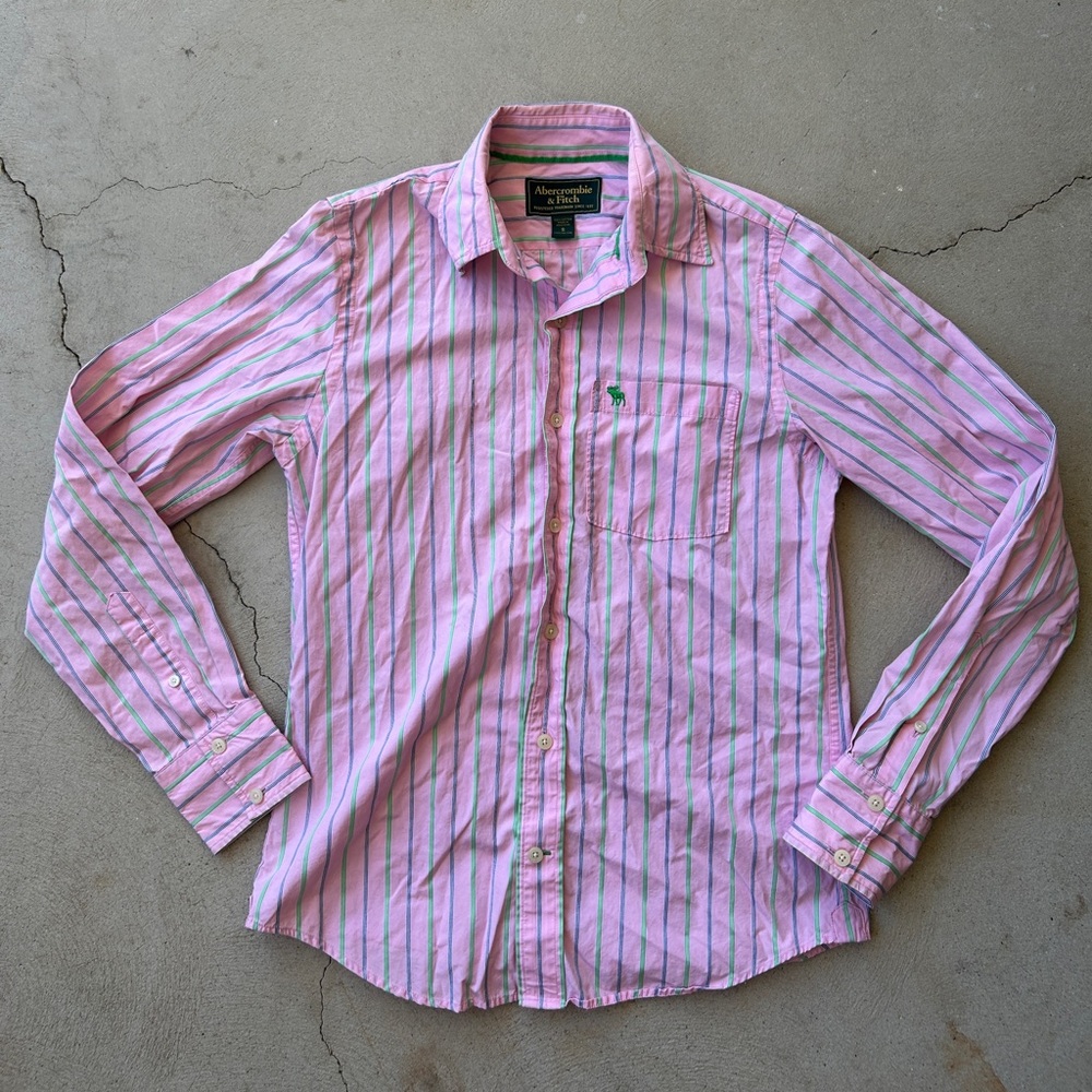 Abercrombie & Fitch Pink and Green Striped Shirt Men Size Small